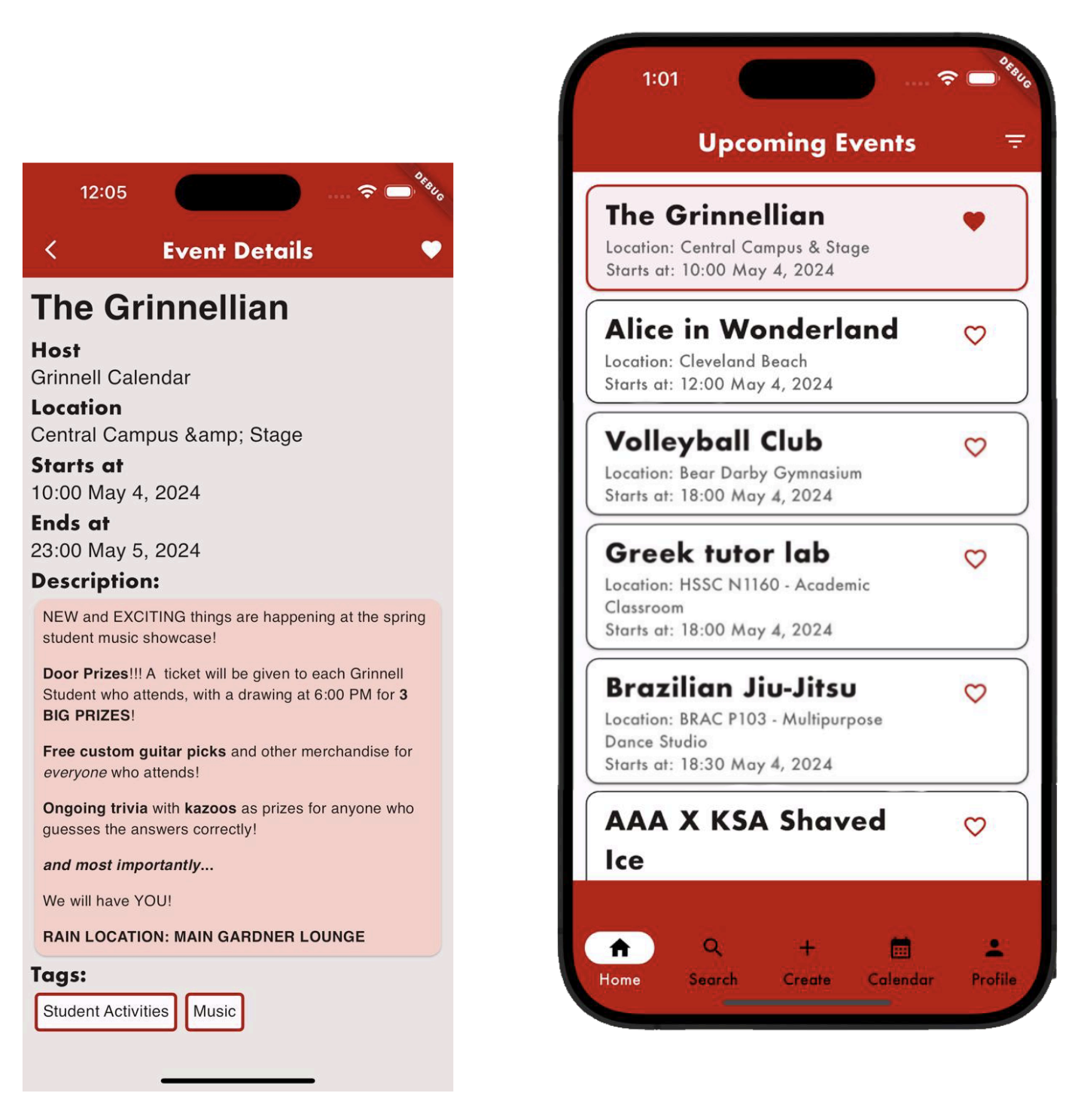 Screenshots of the GrinSync app: event detail page and upcoming events page