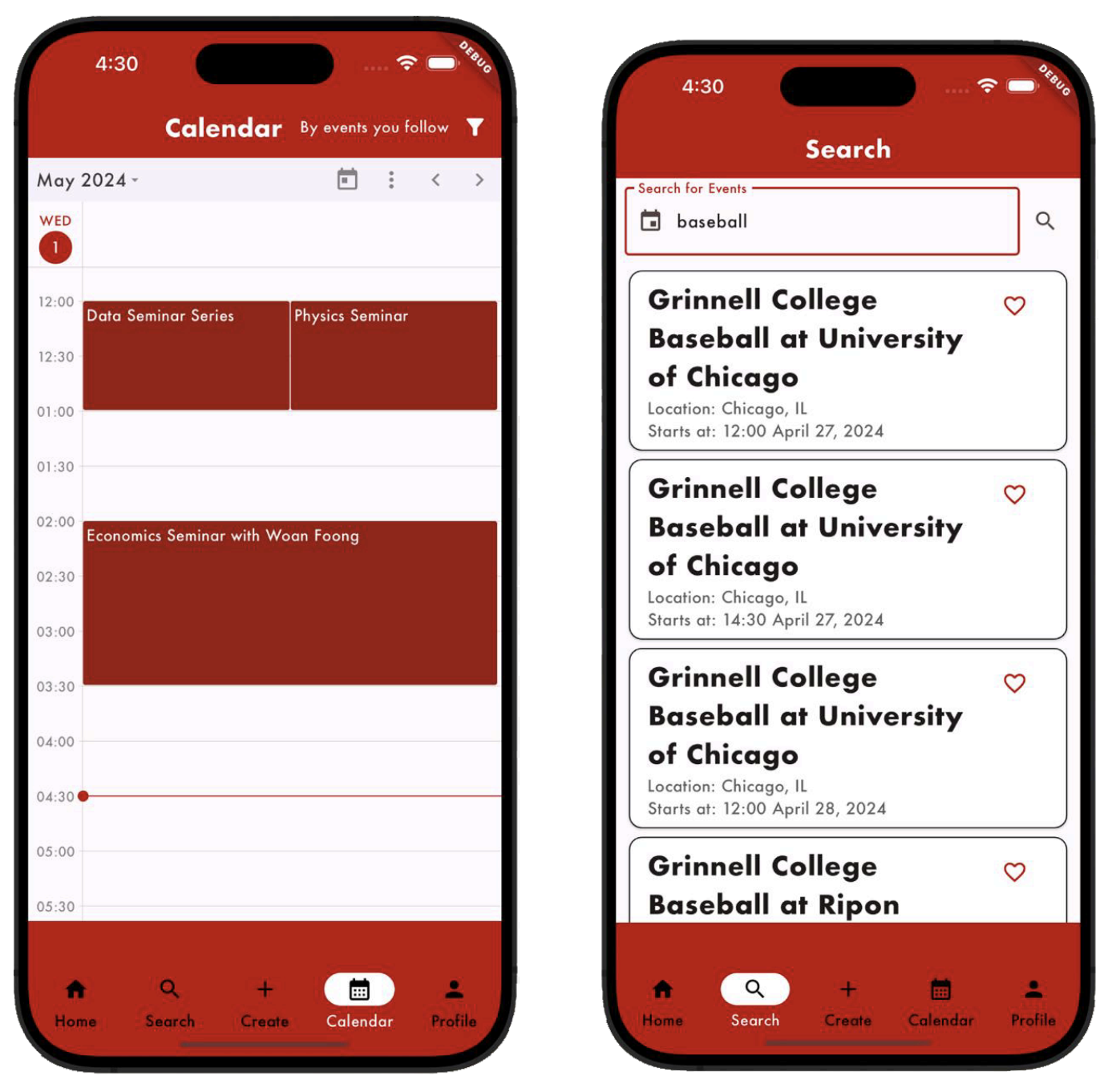 Screenshots of the GrinSync mobile app: calendar page and search page