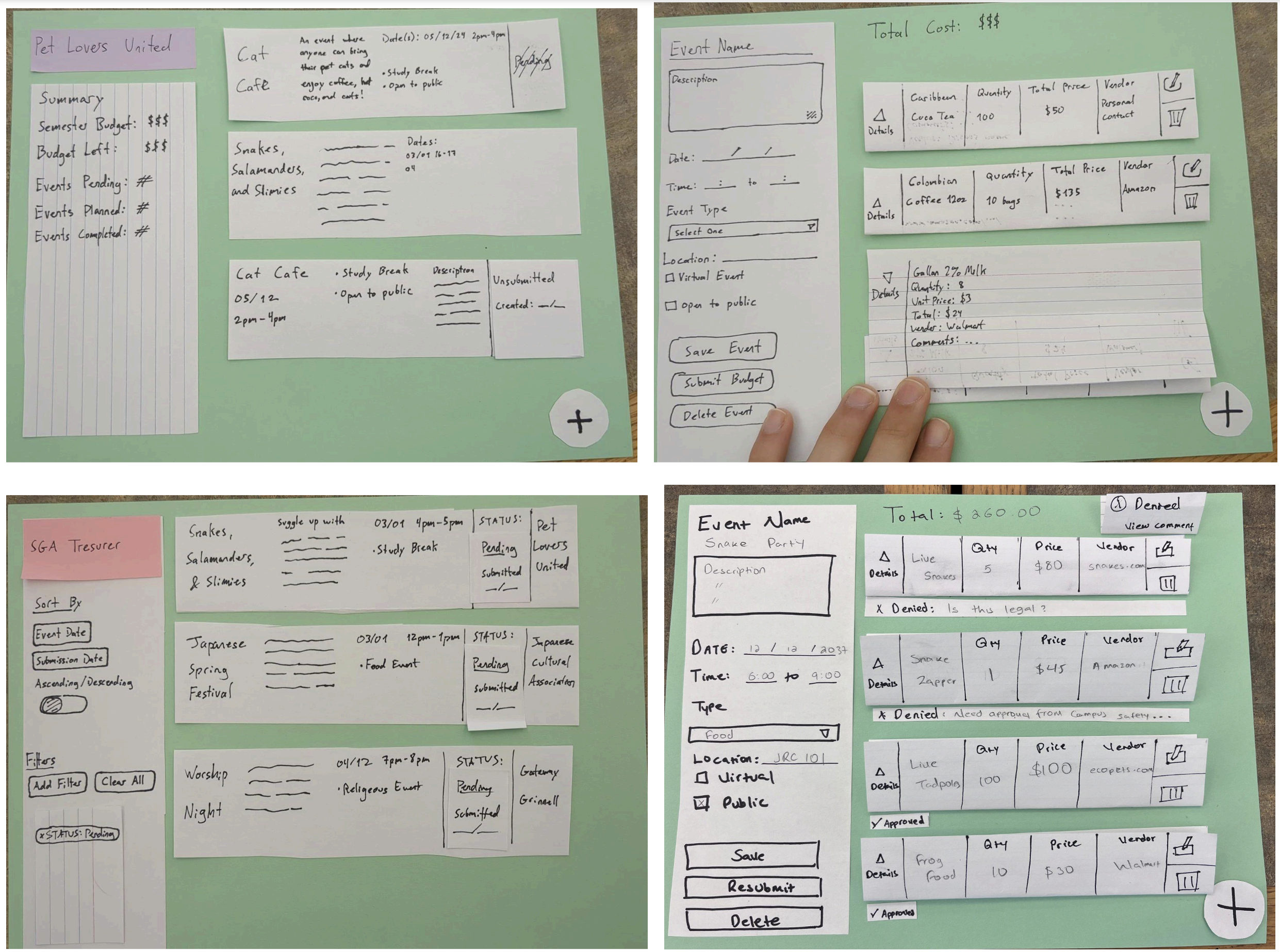 GBudget paper prototype pages: student organization dashboard, event creation page, SGA treasurer dashboard, event detail page