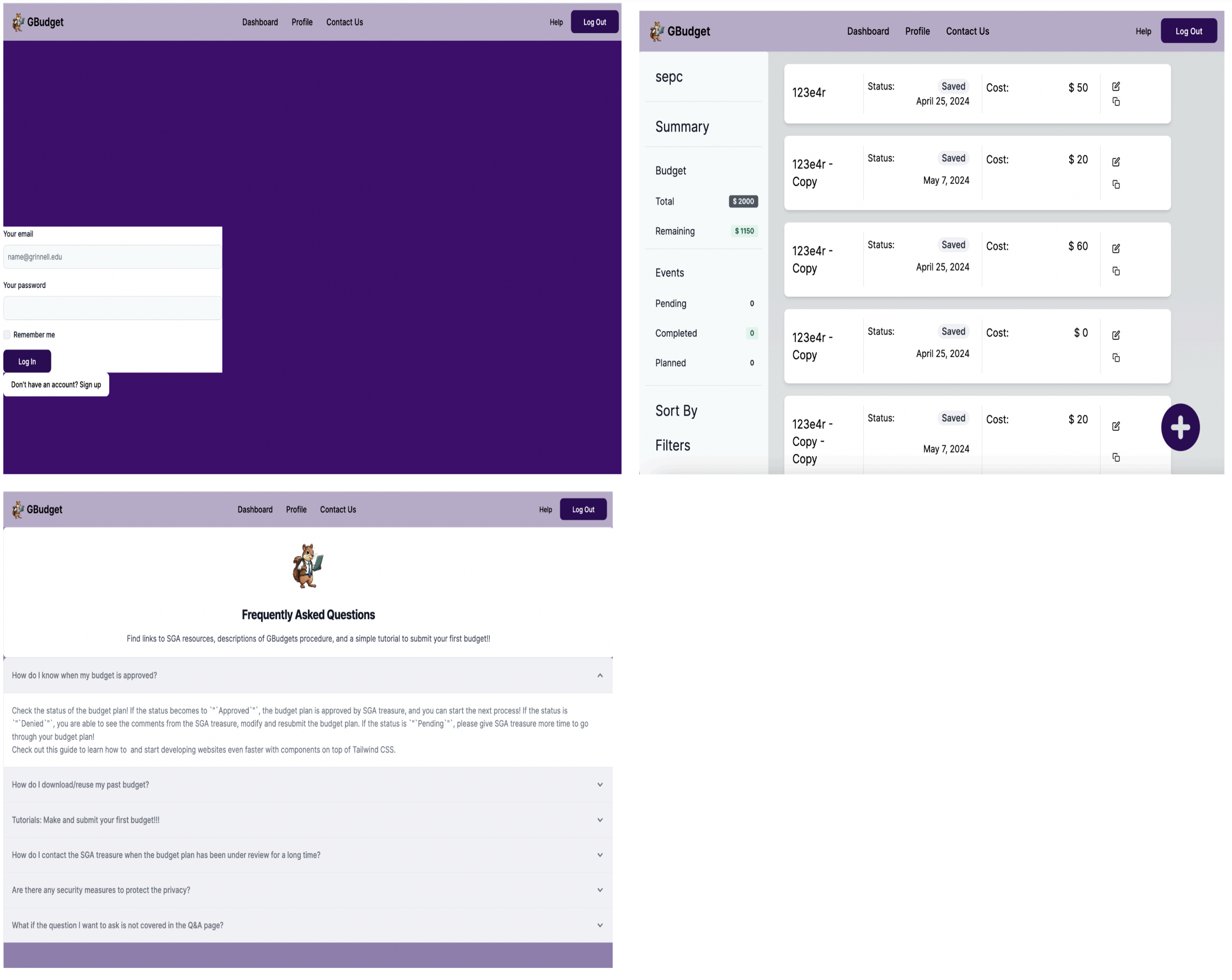 Screenshots of the GBudget web application: login page, an organization's list of budgets, FAQ page