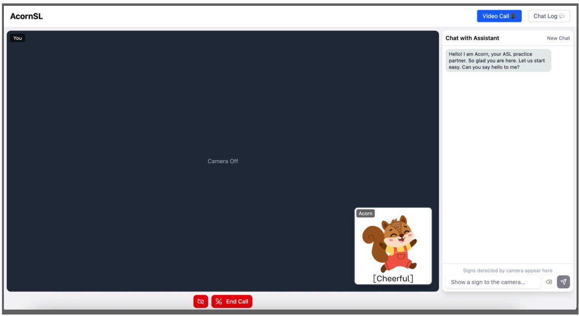 It depicts the project’s functioning screen. Specifically, a black canvas at the left (which would be replaced by the user's image, once they turn the camera on), a squirrel at the bottom, and, at the right, a blank canvas responsible for showing the conversation history.