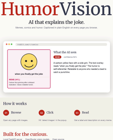 An image of the product's initial page. It reads: "What the AI sees. Meme confidence: 94%. A cartoon yellow face with a wide grin. The text overlay reads "when you finally get the joke". The humor is self-referential. Relatable to anyone who needed a beat to catch a punchline.